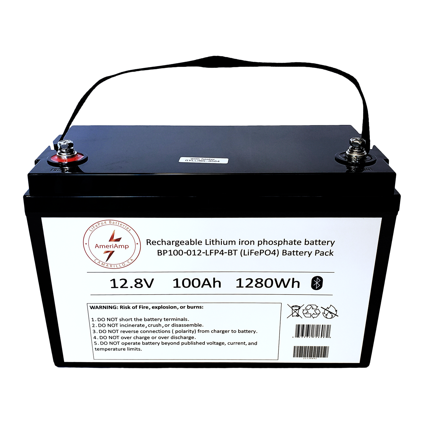LiFePo4 12.8V 100AH Long Lasting Lithium Iron Phosphate Battery w/ Bluetooth® Monitoring