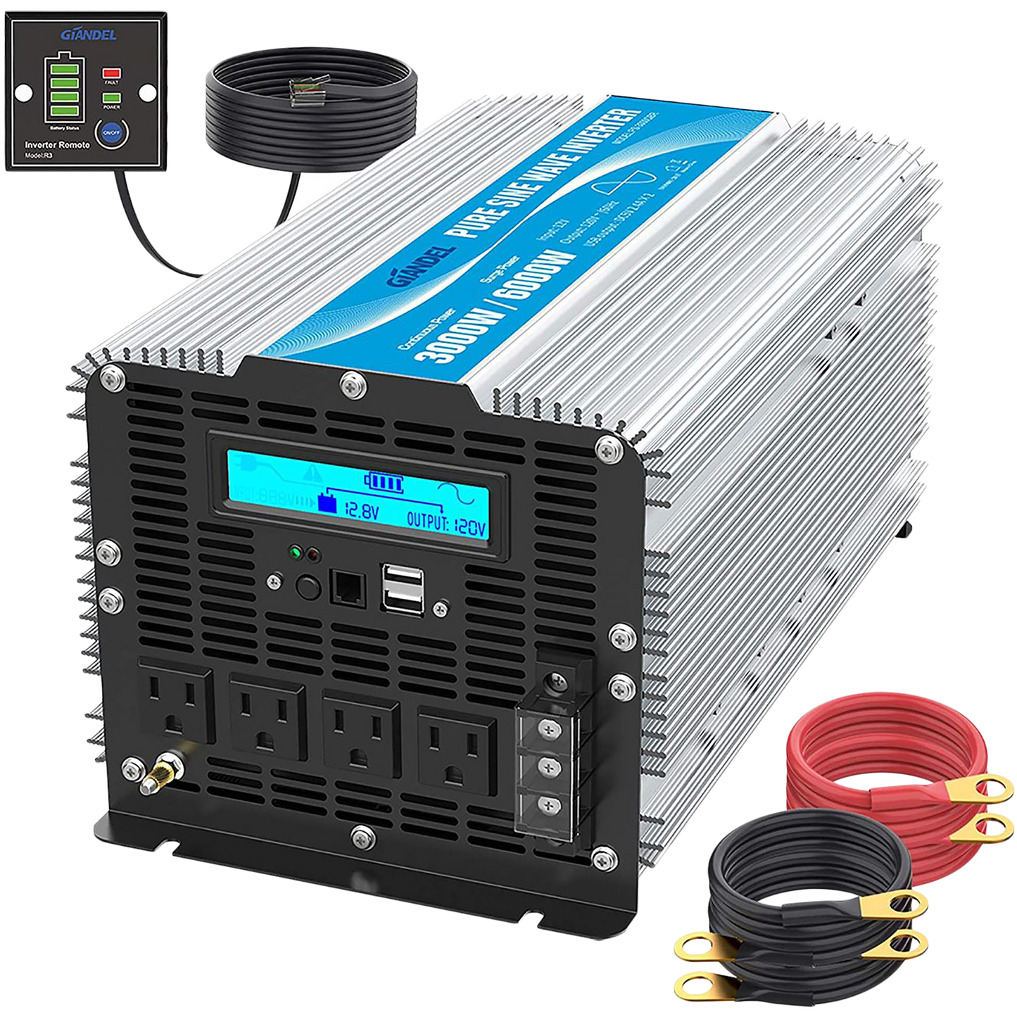 Giandel Pure Sine Wave Power Inverter 3000 Watt DC 12 Volt to 120 Volt  with LCD Display and Remote Control 2X 2.4A USB and 4X AC Outlets